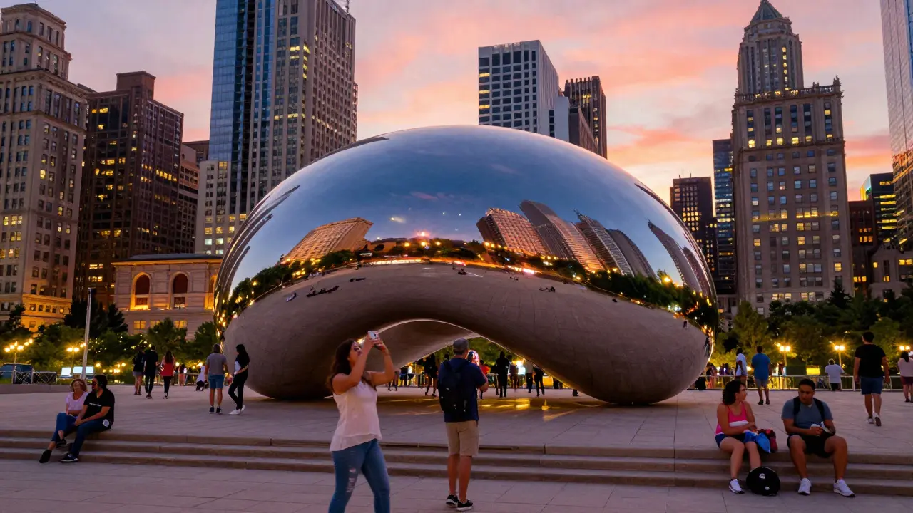 People enjoying the Cloud Gate sculpture in Grant Park at sunset