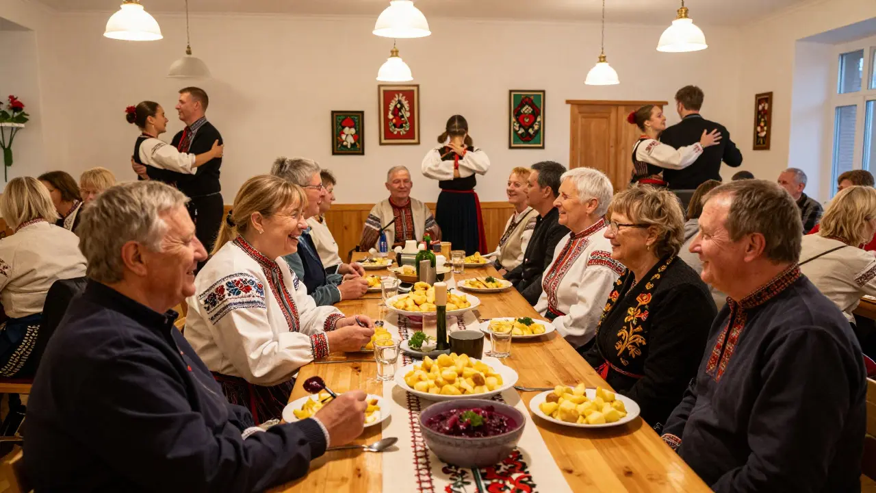 People enjoying traditional Lithuanian food at a community gathering