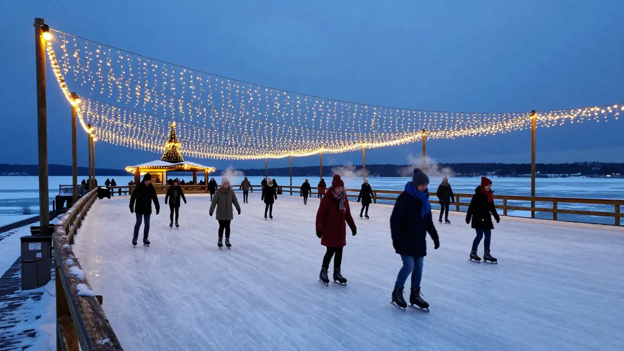 People ice skating at a winter rink decorated with holiday lights