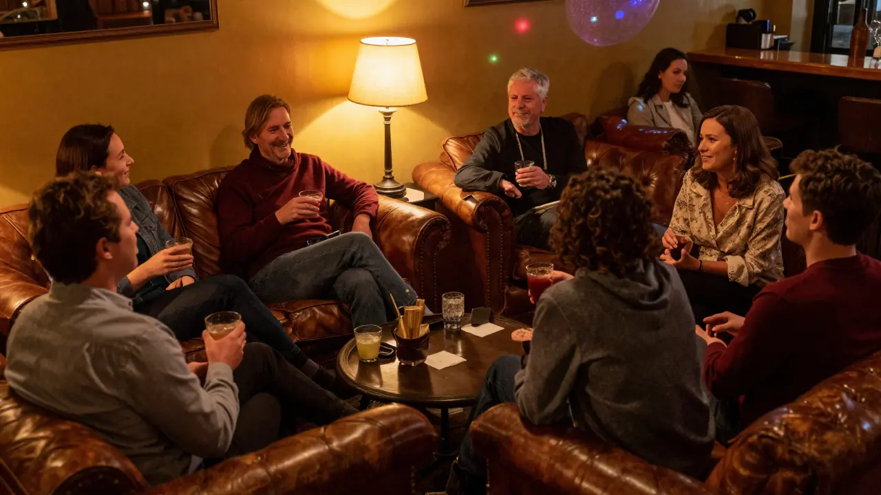 People socializing and drinking cocktails in a cozy, vintage-style LGBTQ+ lounge