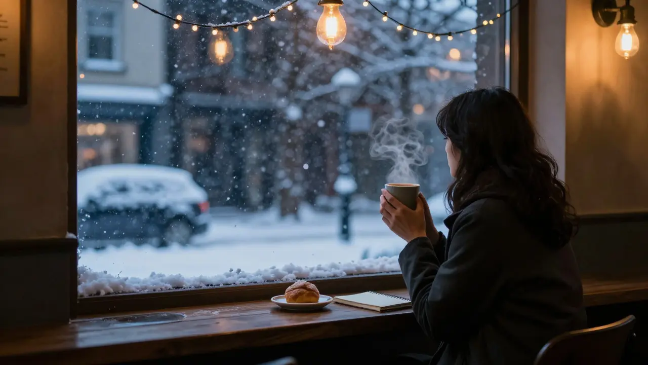 Person drinking coffee while watching snow fall outside
