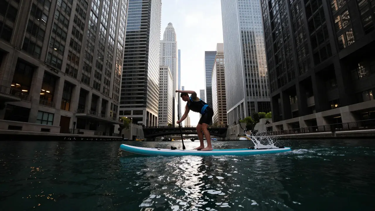Person paddleboarding on the Chicago River surrounded by tall skyscrapers