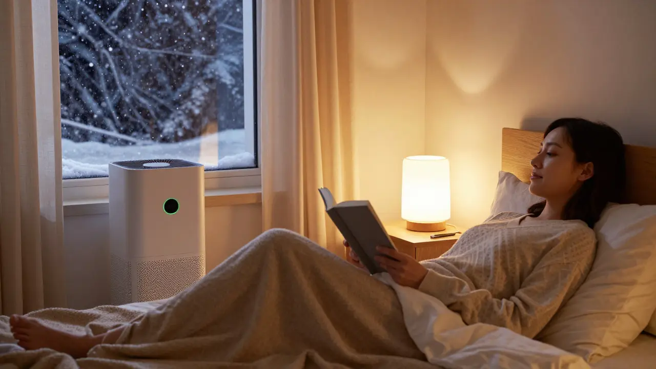 Person relaxing in a cozy bedroom with an active air purifier