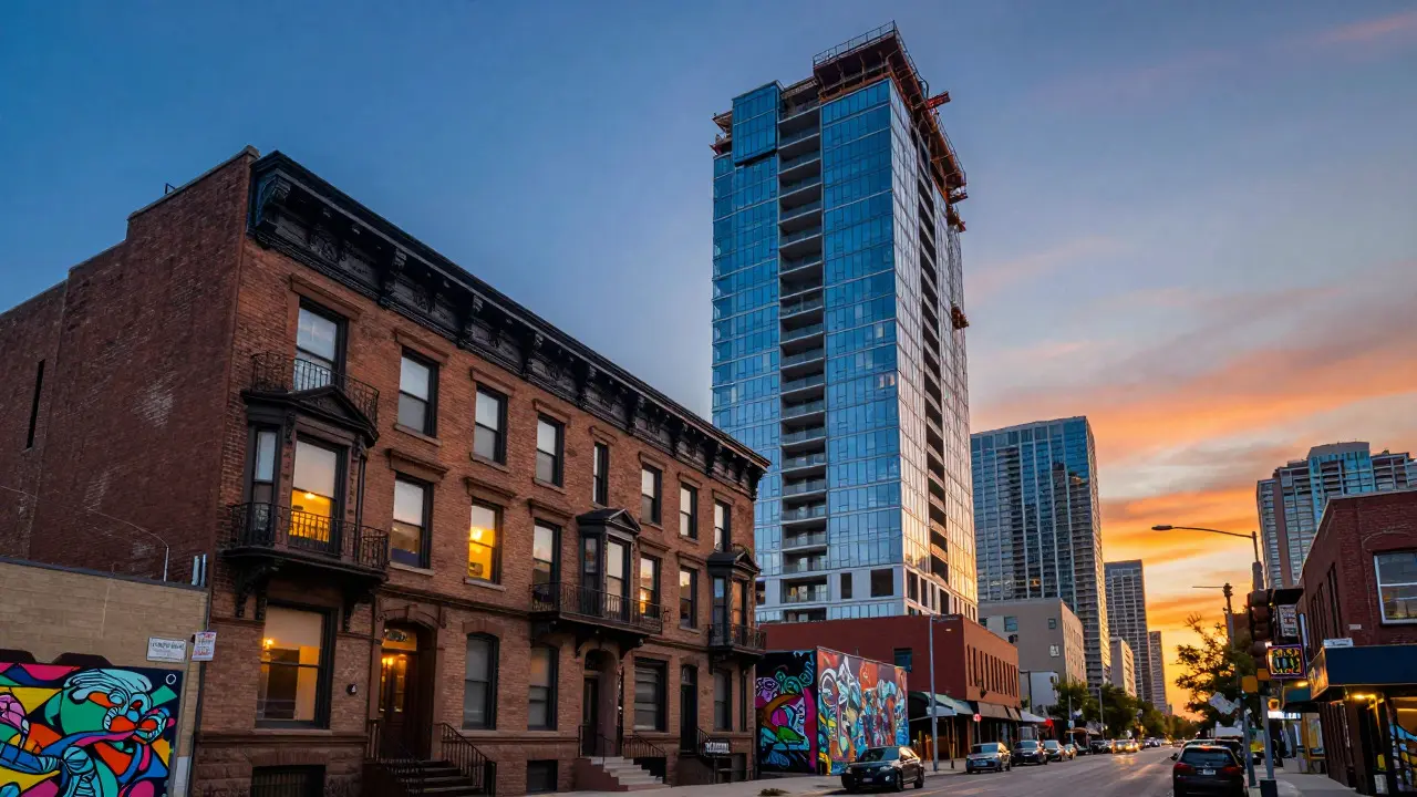 Pilsen, Chicago, showing a mix of historic brownstones and new luxury condo developments at twilight.