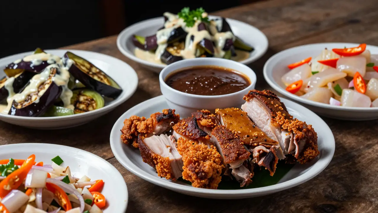 Plates of lechon kawali, eggplant salad, and kinilaw arranged together