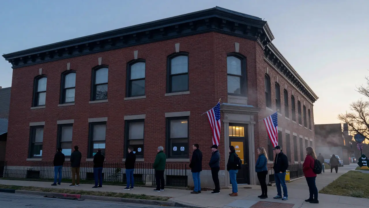 Residents lining up outside a brick community center on a cloudy morning