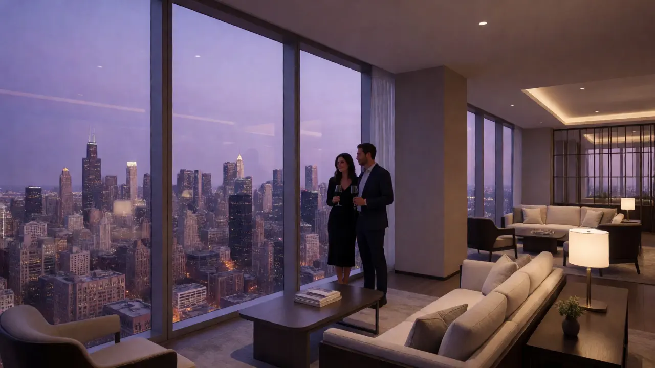 Romantic couple enjoying sunset views of the Chicago skyline from a high-rise lounge.
