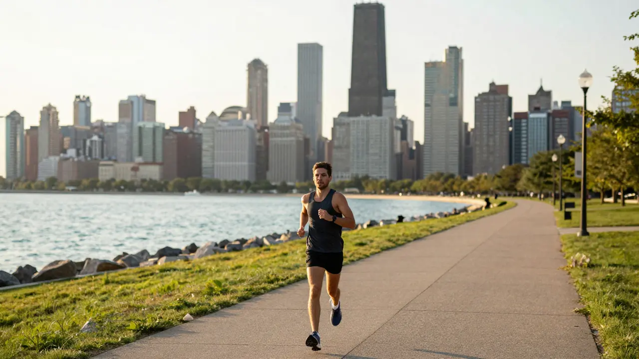 Runner on the Lakeshore Trail with the Chicago skyline and lake in the background during sunrise