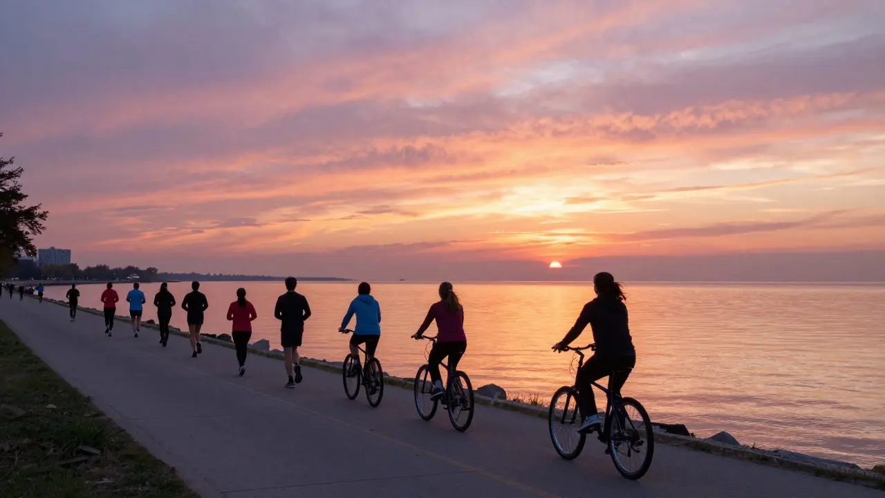 Runners and cyclists on the Chicago lakefront path at sunrise