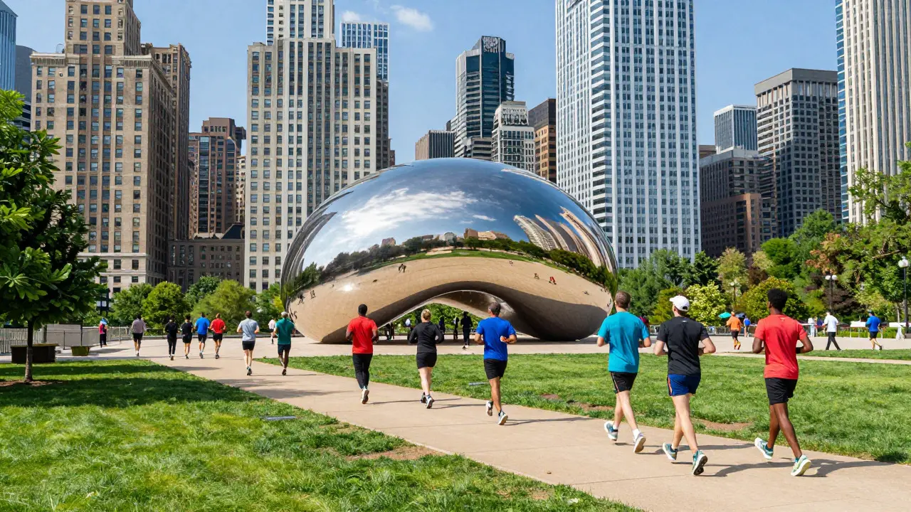 Runners passing Cloud Gate sculpture in sunny Millennium Park