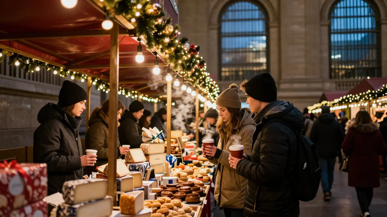 Shoppers browsing warm-lit food stalls in a historic indoor station