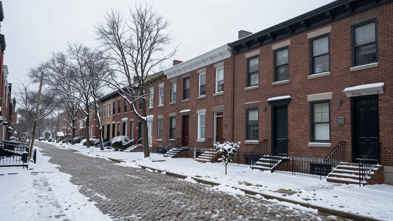 Snow-covered cobblestone streets and brick buildings in Wicker Park, Chicago