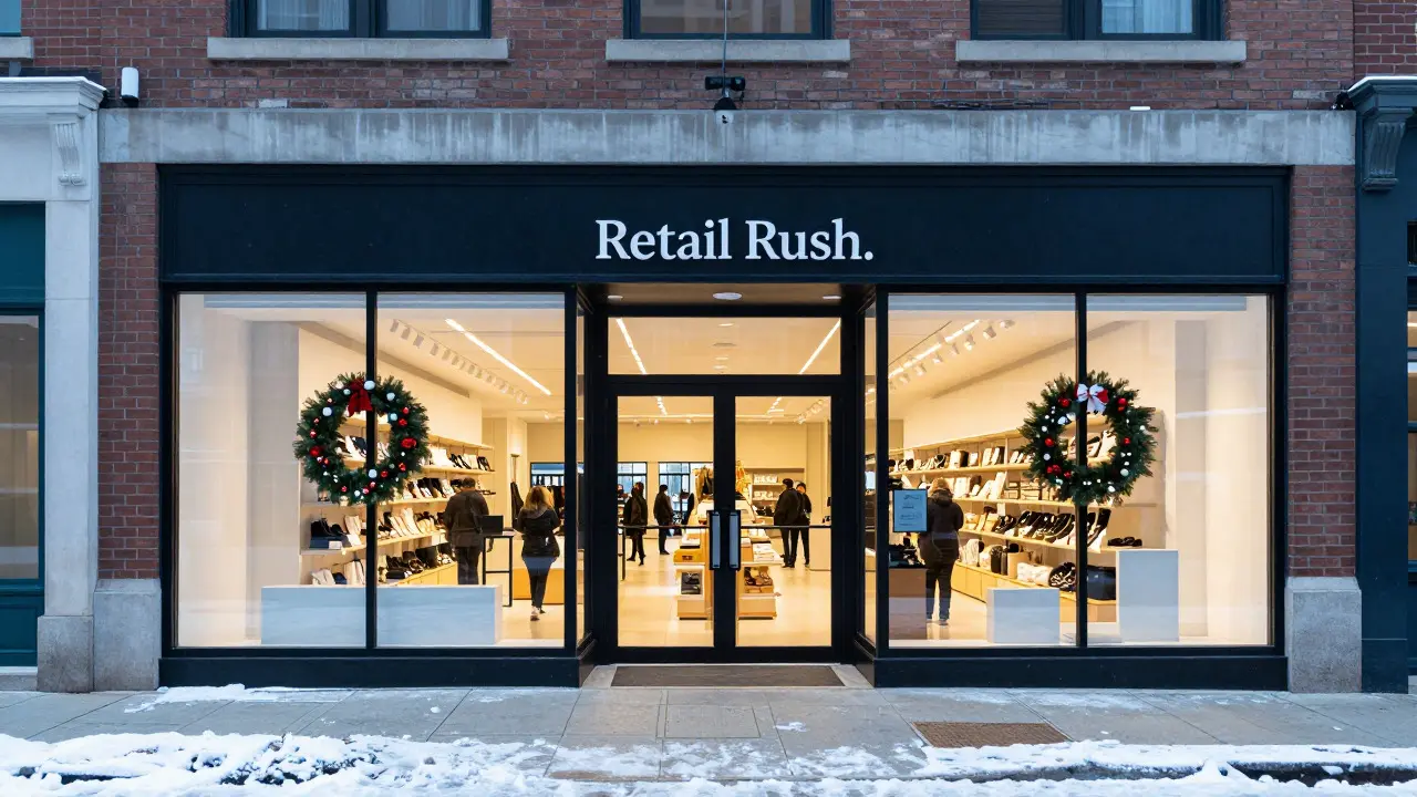 Snow-covered retail store entrance in Chicago during the holidays