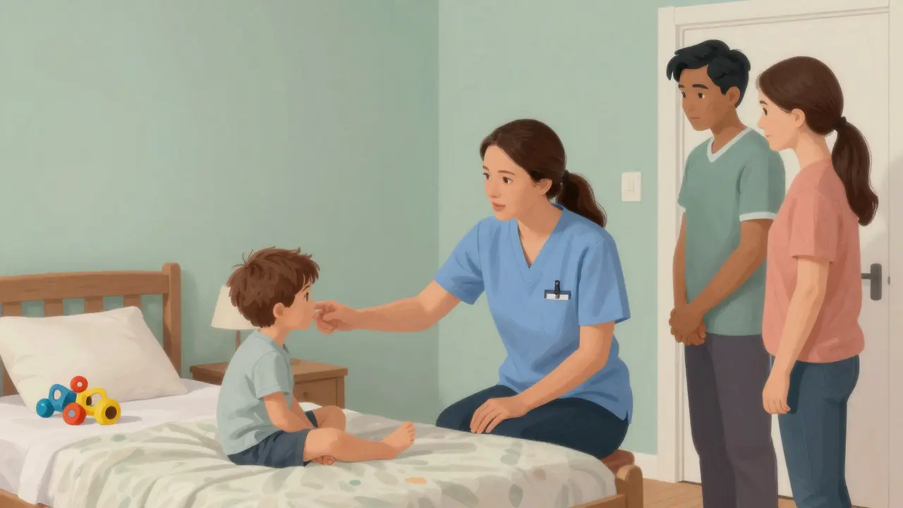 Social worker inspecting a child's room during a home study visit