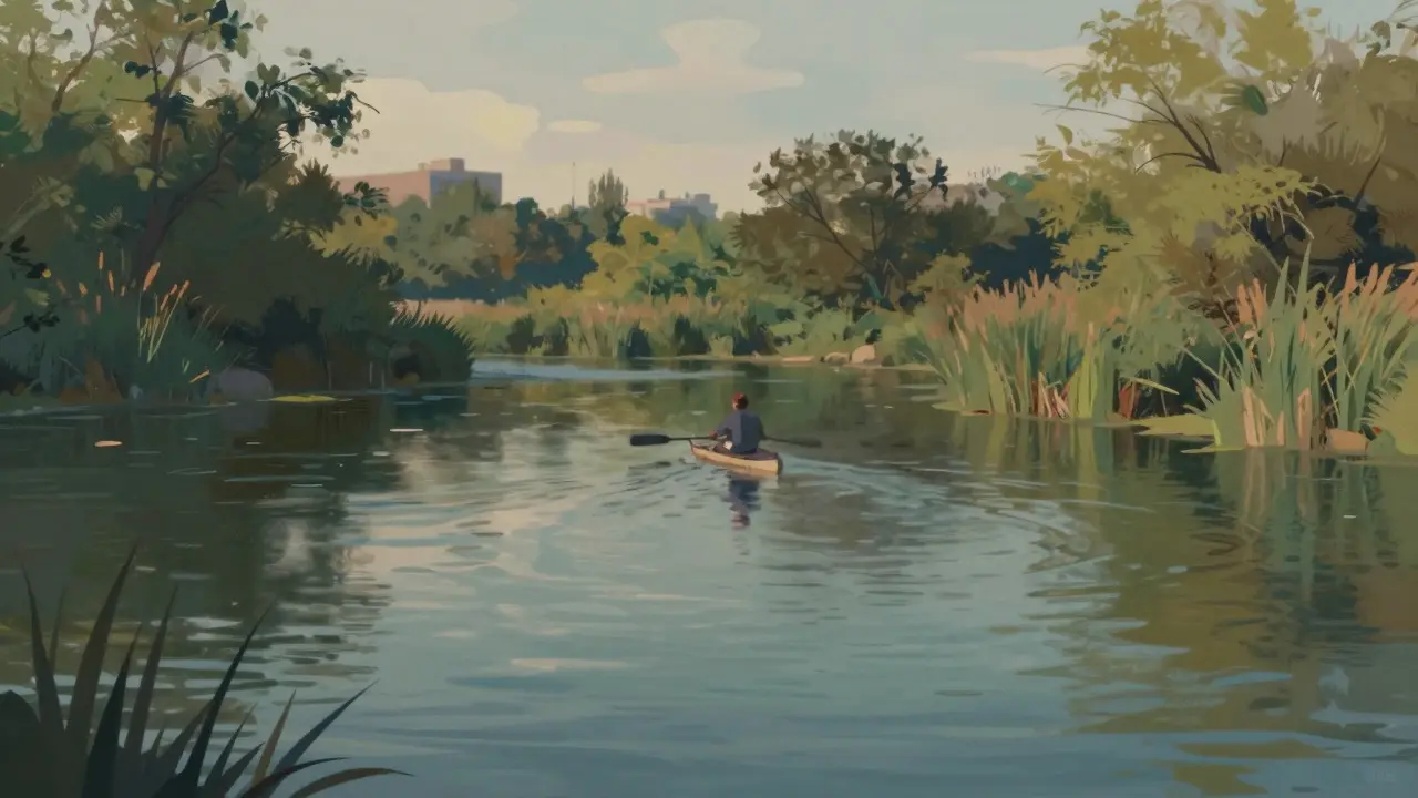 Solitary figure paddleboarding in calm waters at Calumet Park