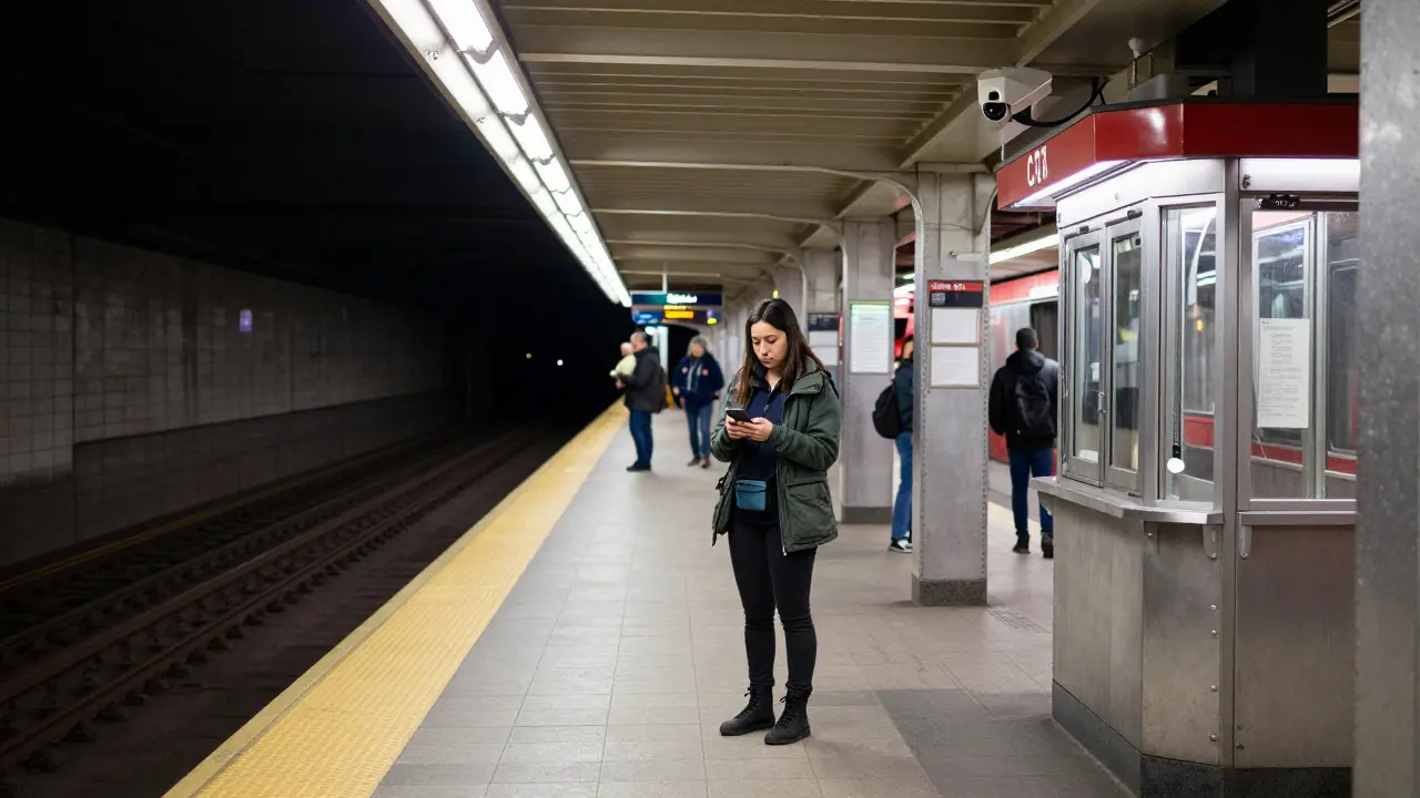Solo traveler standing safely near a camera in an L train station