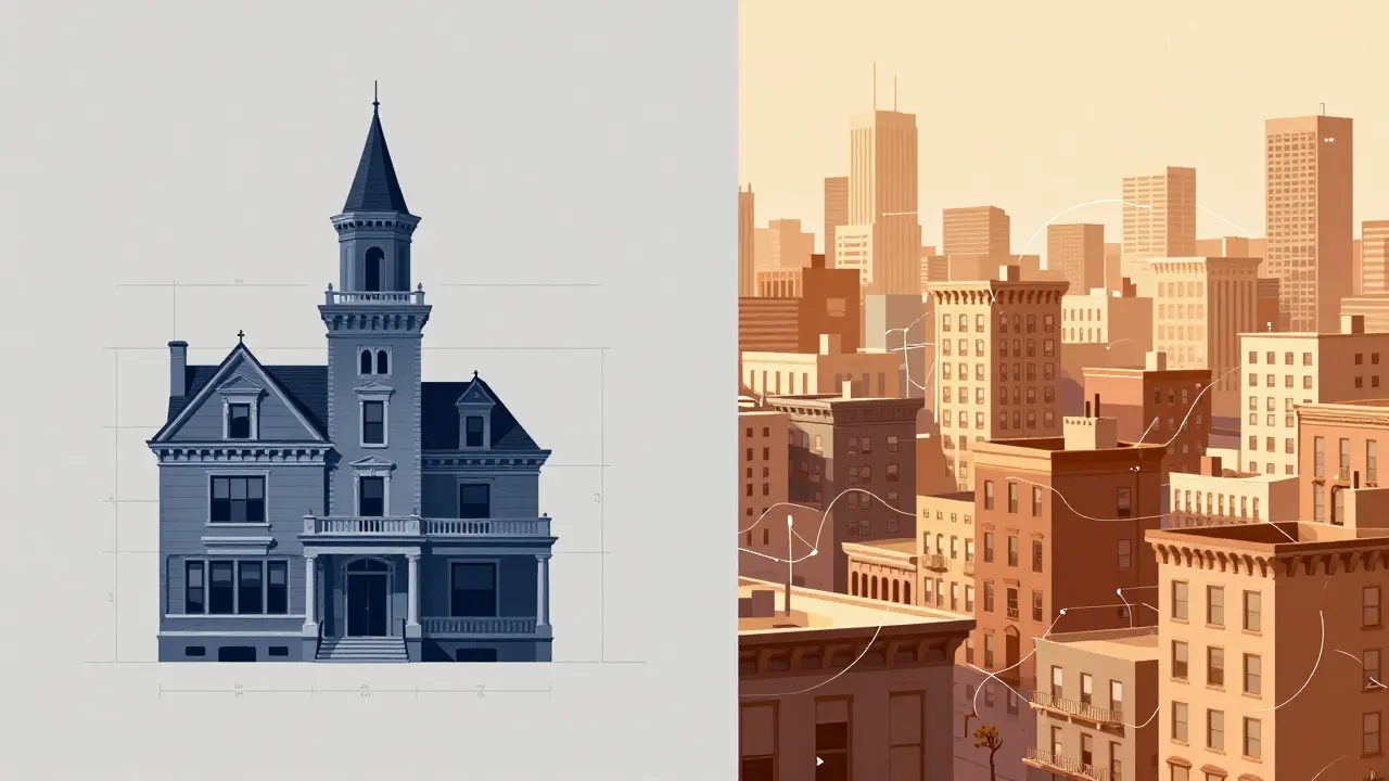 Split illustration contrasting strict single-landmark rules with flexible historic district guidelines