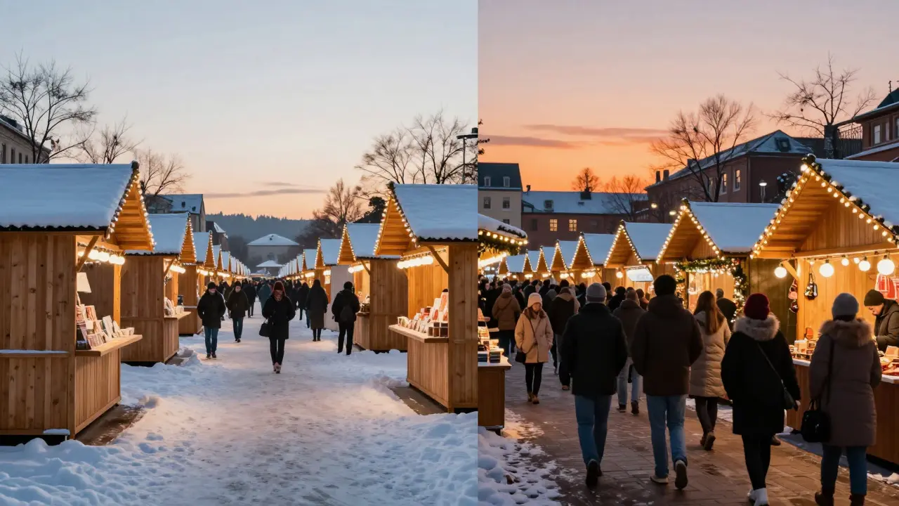 Split image comparing a quiet morning market view with a crowded evening scene
