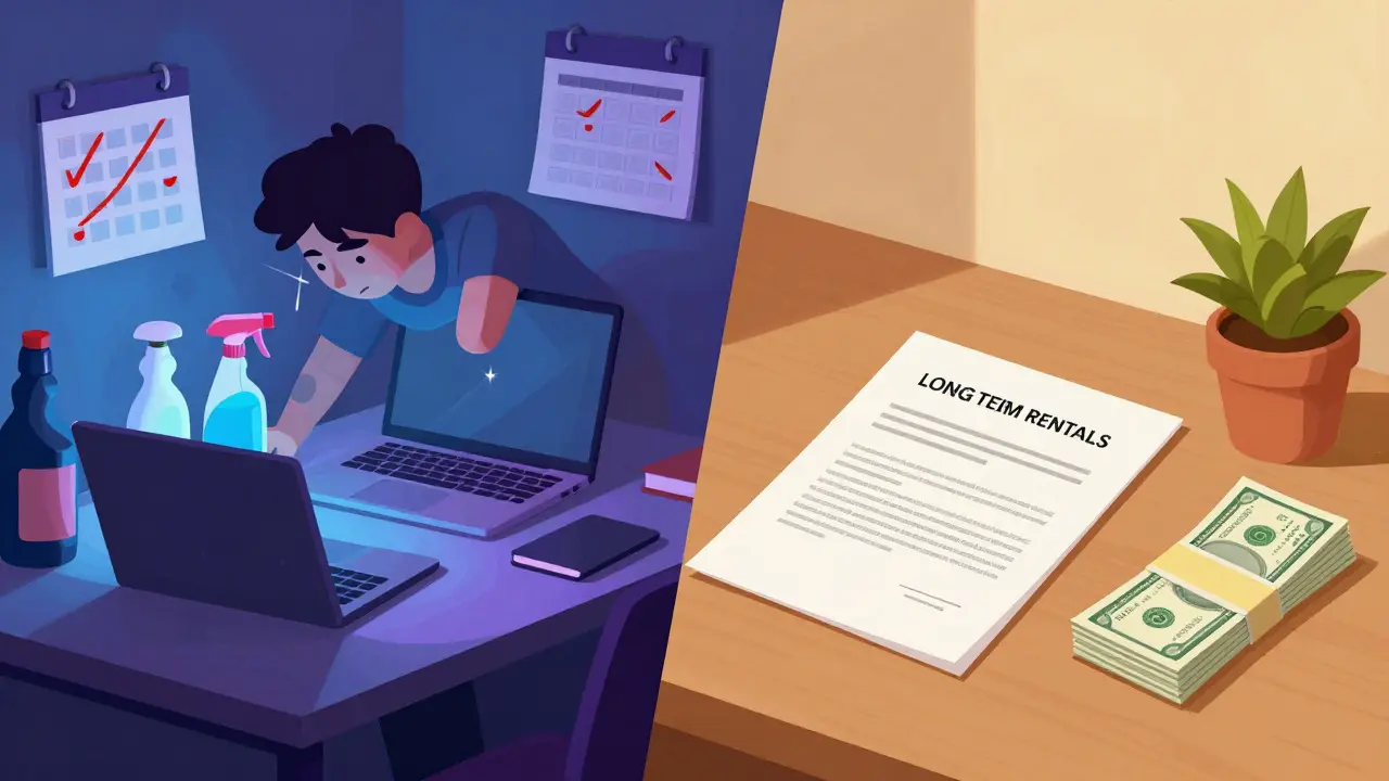 Split-screen comparison of stressful short-term vs stable long-term rentals