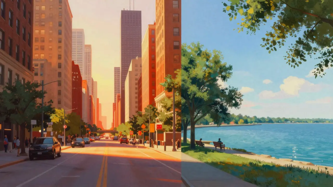 Split view showing warm downtown streets and cool lakefront breeze