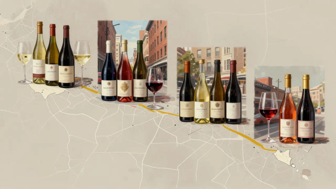 Stylized artistic depiction of four different Chicago wine bar neighborhood vibes