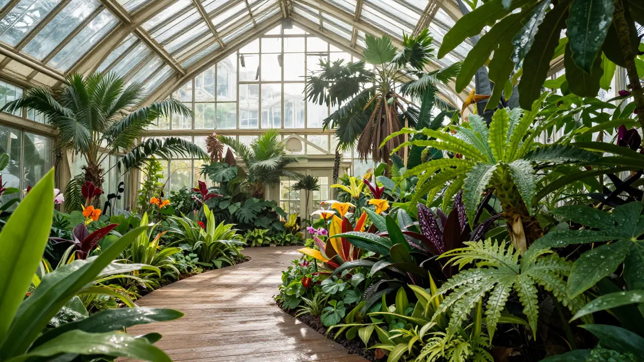 Sunlight filtering through lush tropical plants inside a glass conservatory