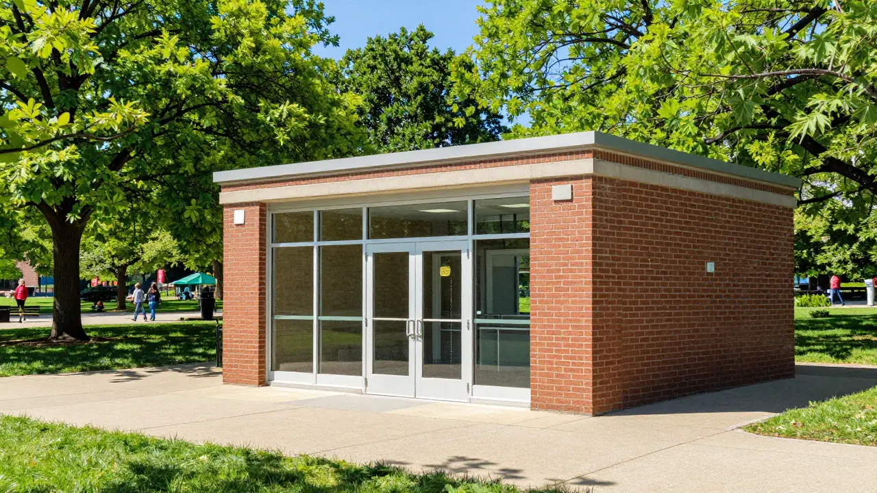 Sunny exterior view of a brick bathhouse structure in a lush Chicago park