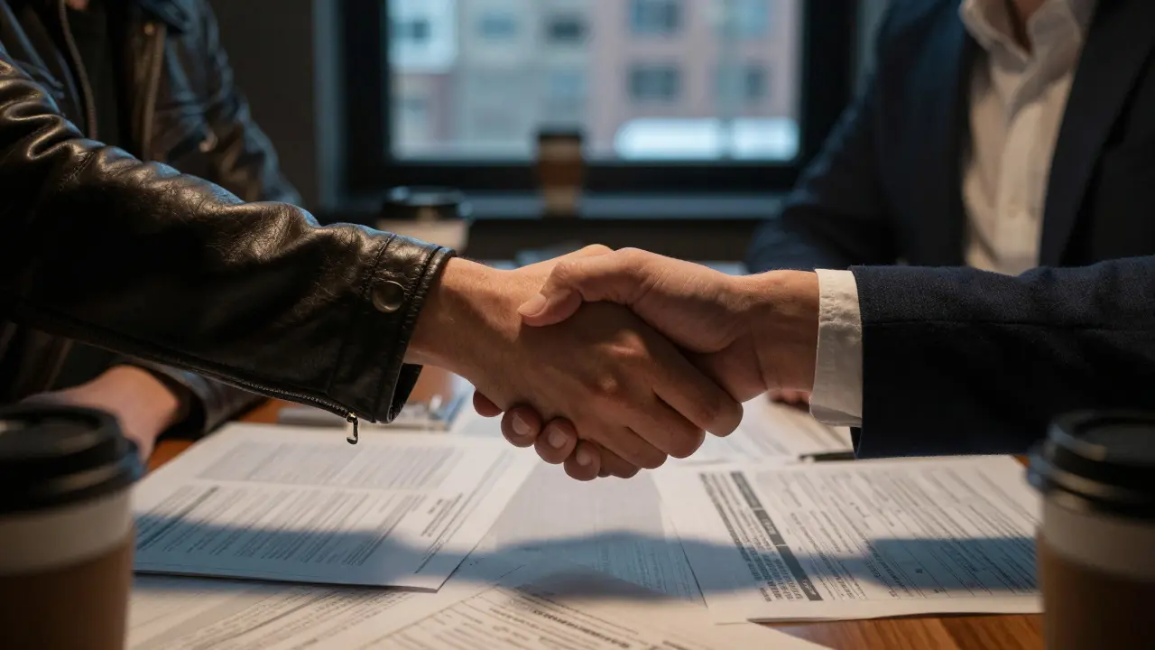 Two people shaking hands over fantasy league papers in a dimly lit room