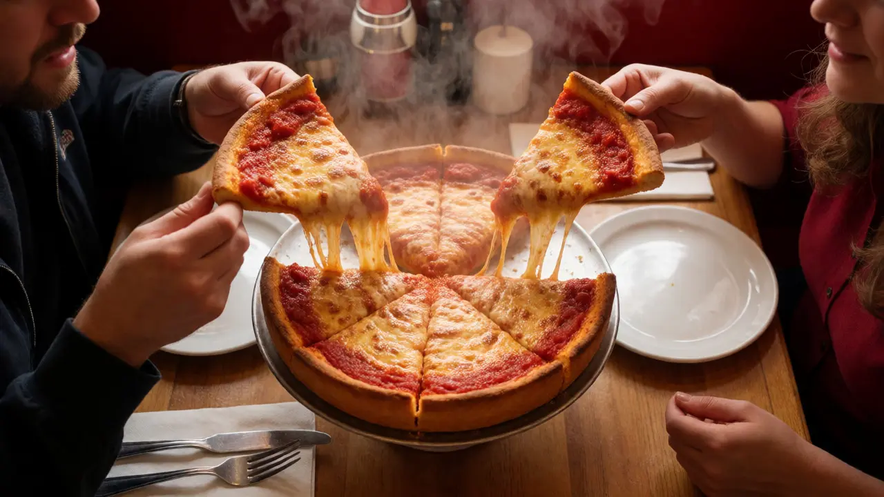 Two people sharing a steaming deep-dish pizza at a busy Chicago pizzeria.