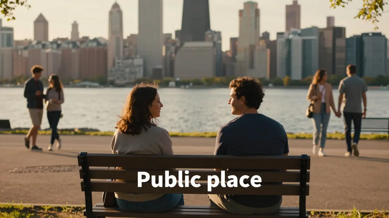 Two people talking on a bench in a Chicago park with lake views at sunset