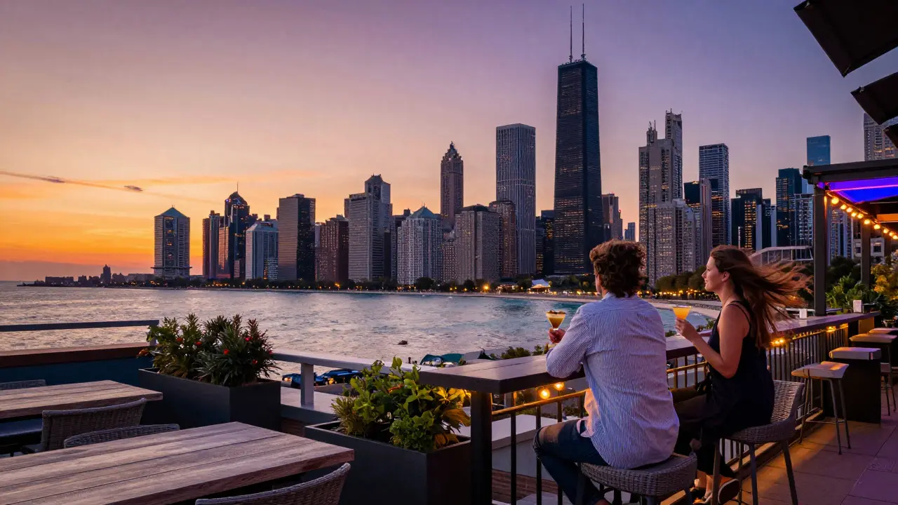 View of Chicago skyline from a rooftop bar at sunset with couples enjoying drinks