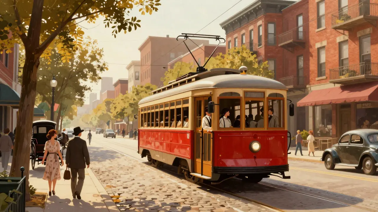 Vintage electric streetcar traveling through a tree-lined urban street in early 1900s