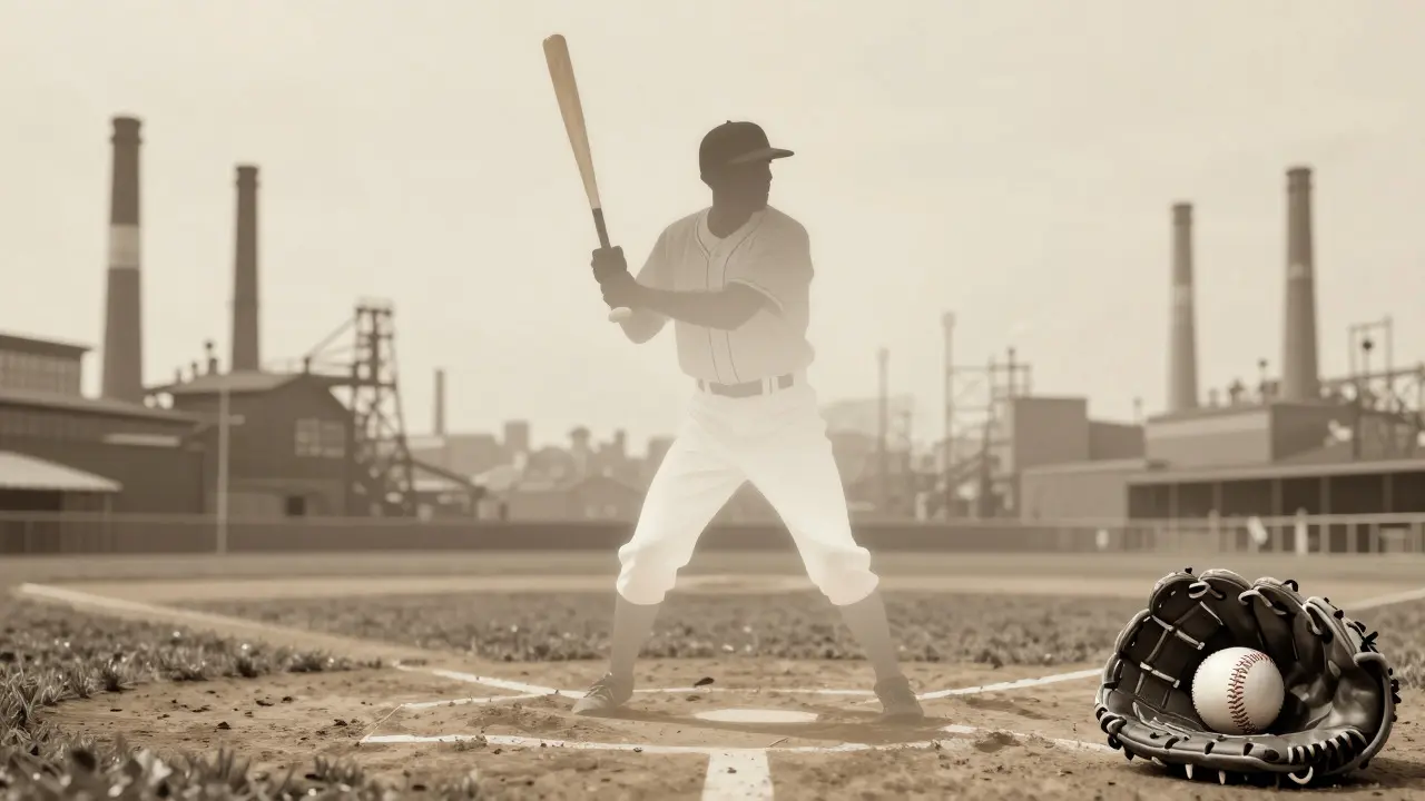 Vintage-style illustration of a historic baseball player surrounded by industrial imagery