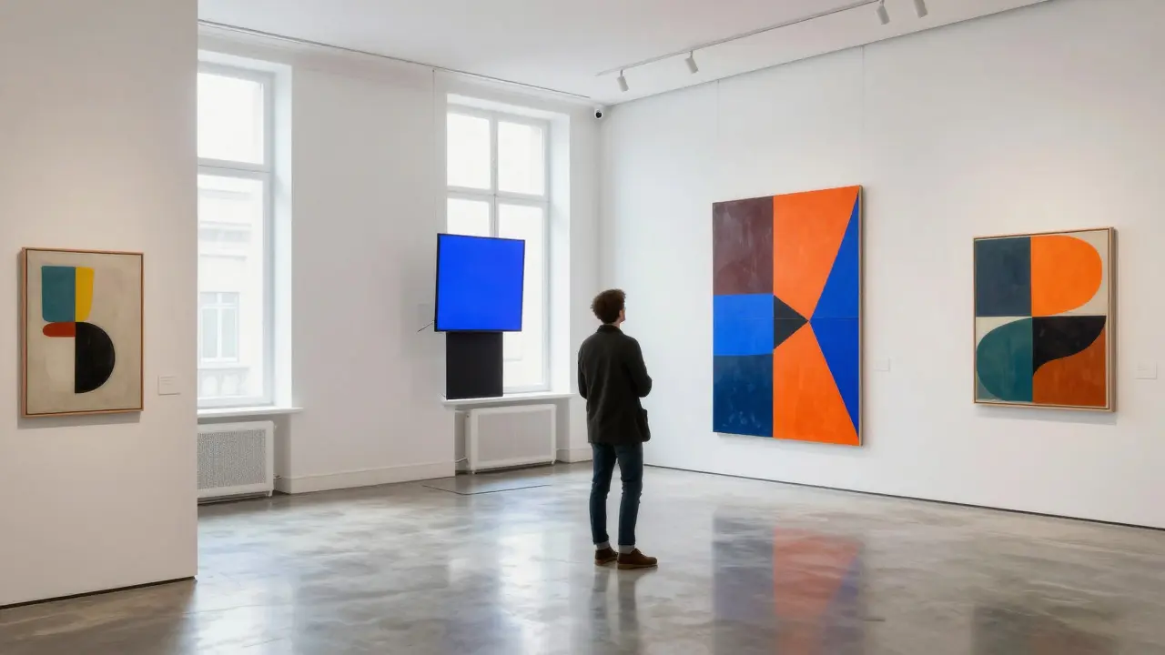 Visitor viewing contemporary art installations in a bright, intimate gallery space