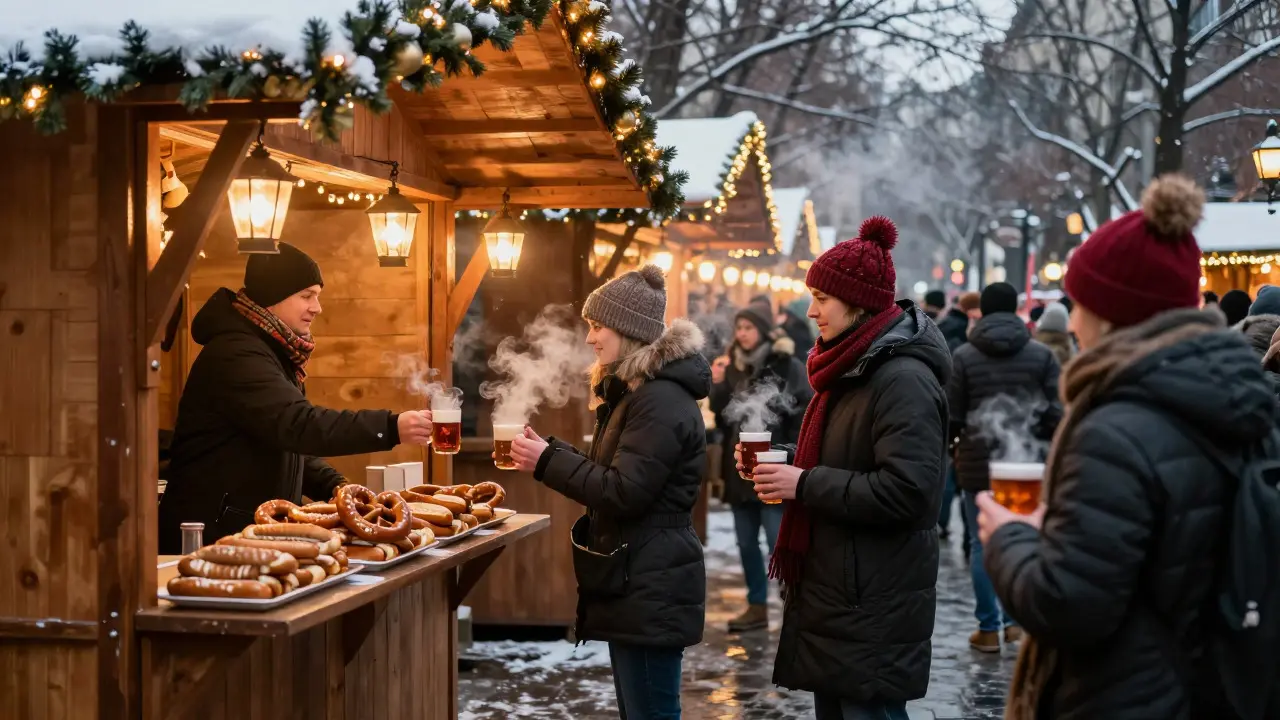 Visitors enjoying food and drinks at a German-style holiday market stall