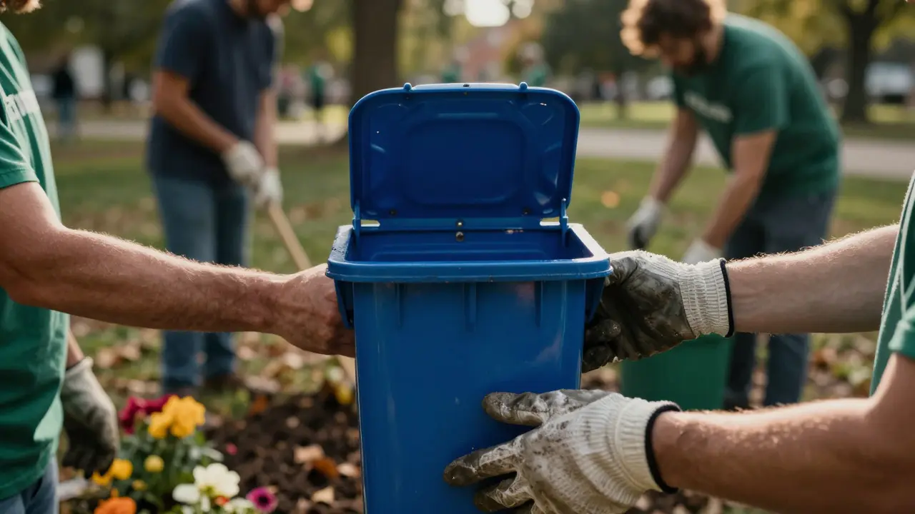 Volunteers installing a new trash bin in a park while others clean up the grounds
