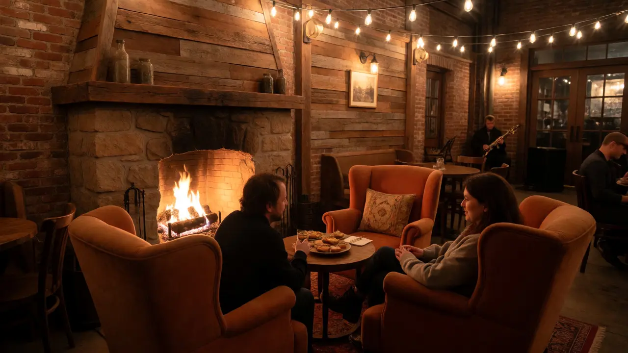 Warm, rustic bar interior with a fireplace where a couple shares drinks and food.