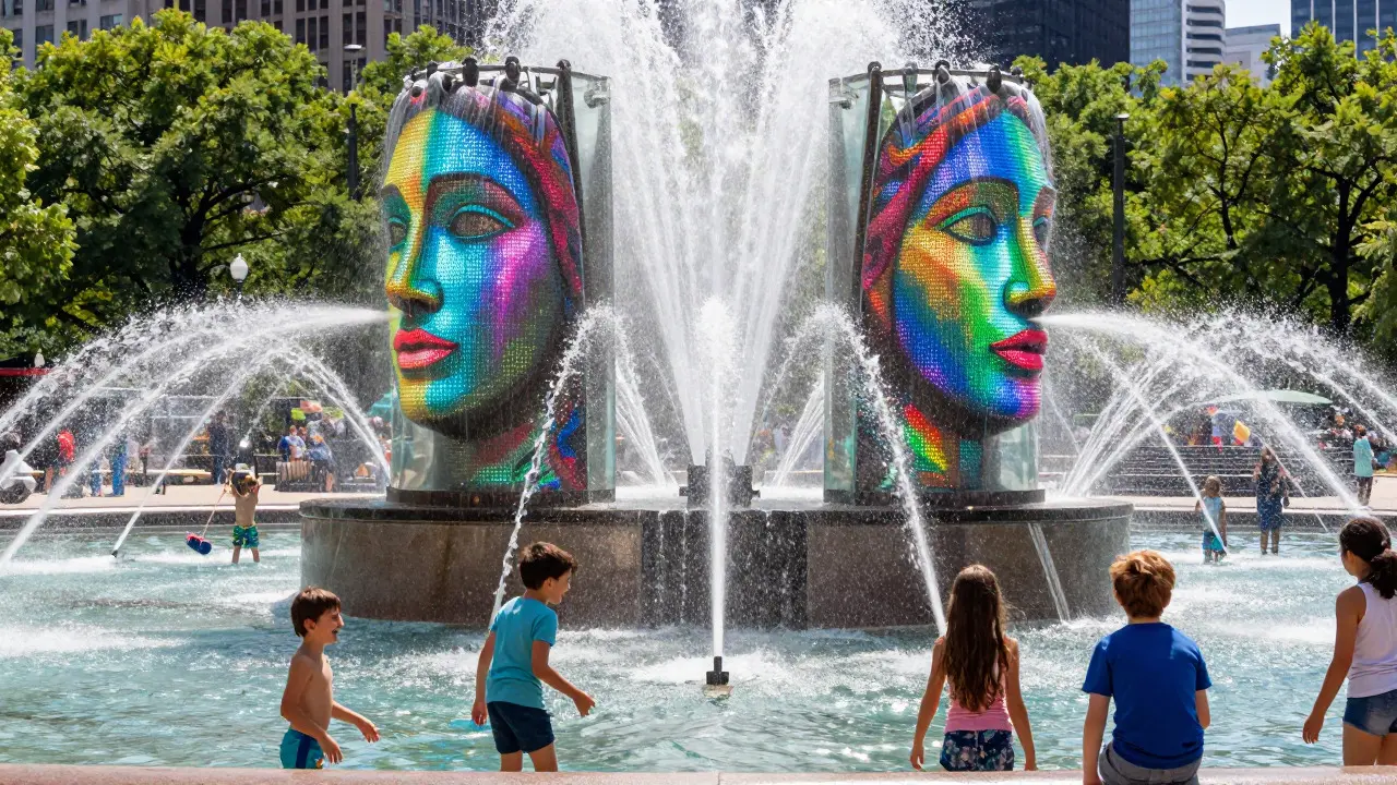Water jets spraying from the Crown Fountain towers in Chicago