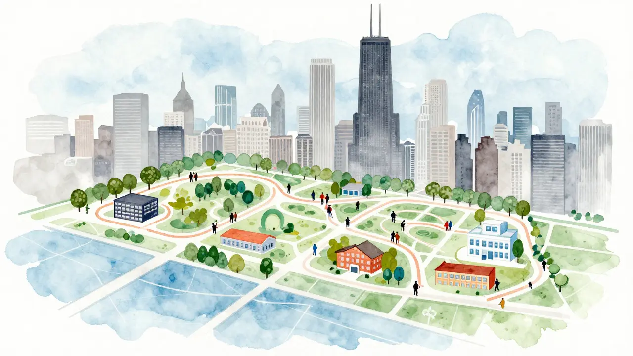 Watercolor illustration of a city map showing connected community hubs and walking families.