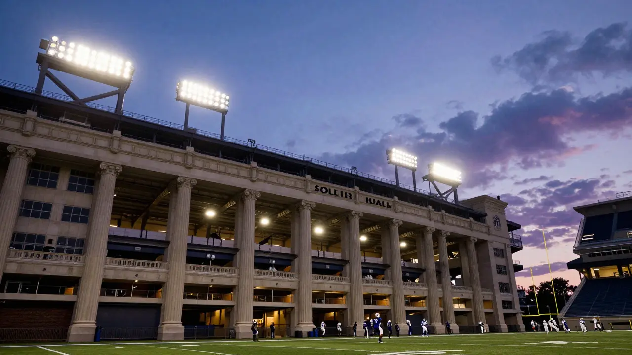 Wide view of Soldier Field's Roman columns at dusk with players on the field under bright lights