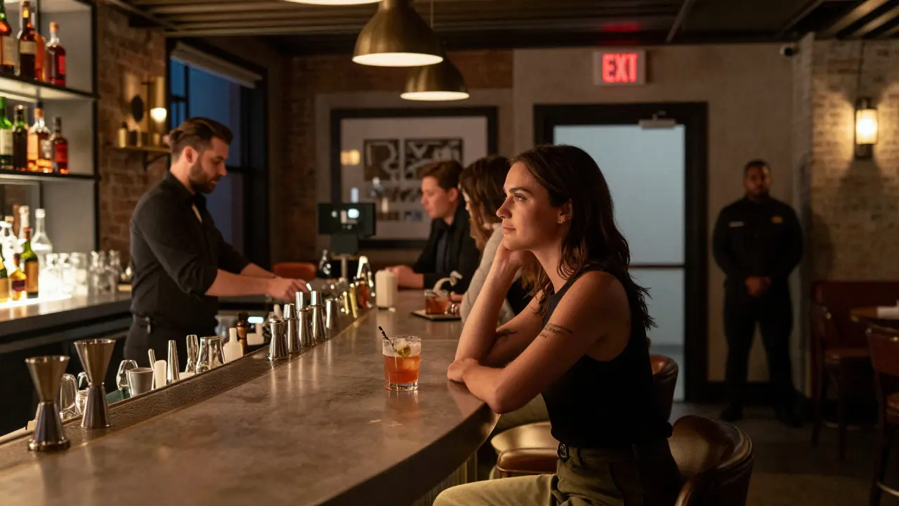 Woman sitting at a well-lit bar table, observing her surroundings