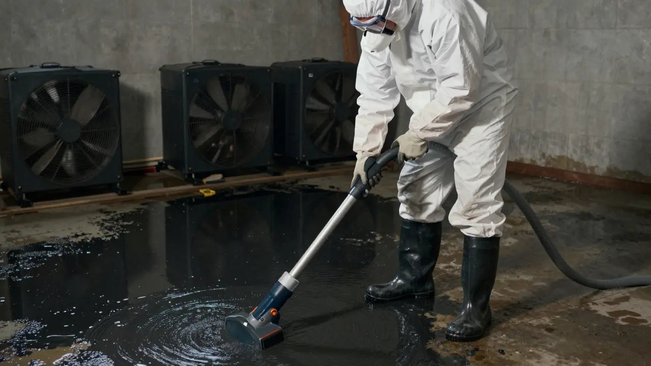 Worker in PPE vacuuming sewage water from a basement