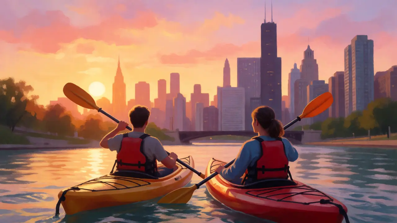 A couple kayaking on the Chicago River at sunset, symbolizing activity-based dating.