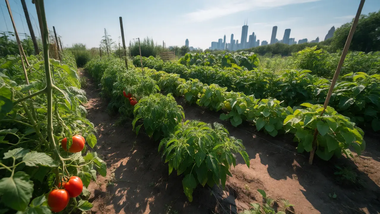 Abundant suburban vegetable garden with ripe tomatoes and greens under bright sun near city skyline.