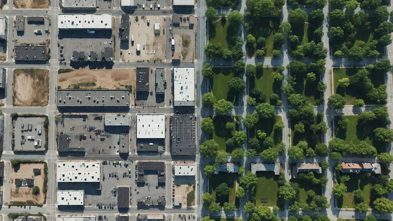 Aerial comparison of barren industrial zones and tree-lined green neighborhoods