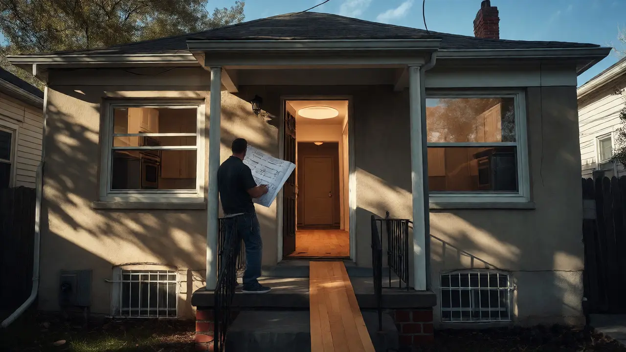 An Englewood home under renovation with a contractor on the porch, highlighting interior upgrades and exterior security features.