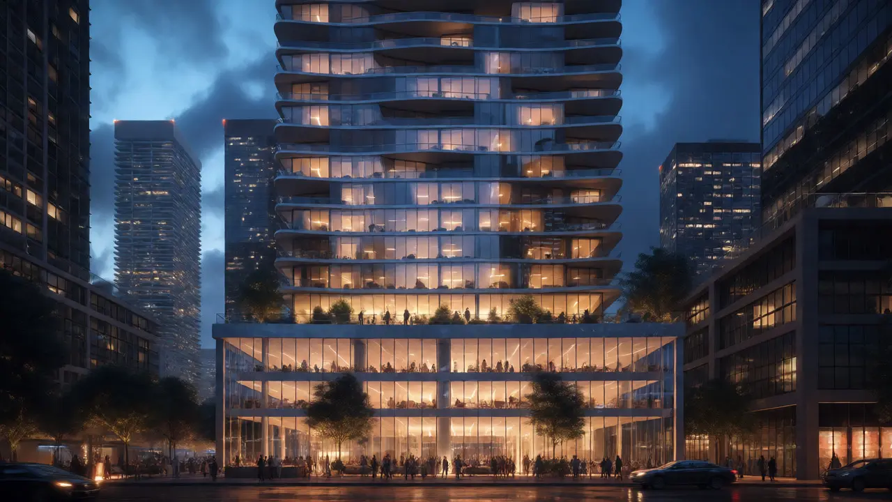 Aqua Tower glowing at twilight, showcasing its mixed-use design and integration into the Chicago cityscape.