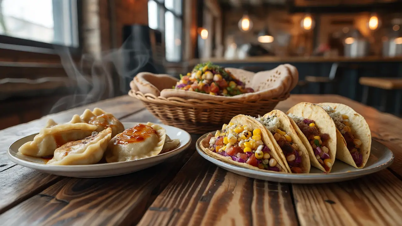 Assortment of pierogies, tacos, and injera on a table