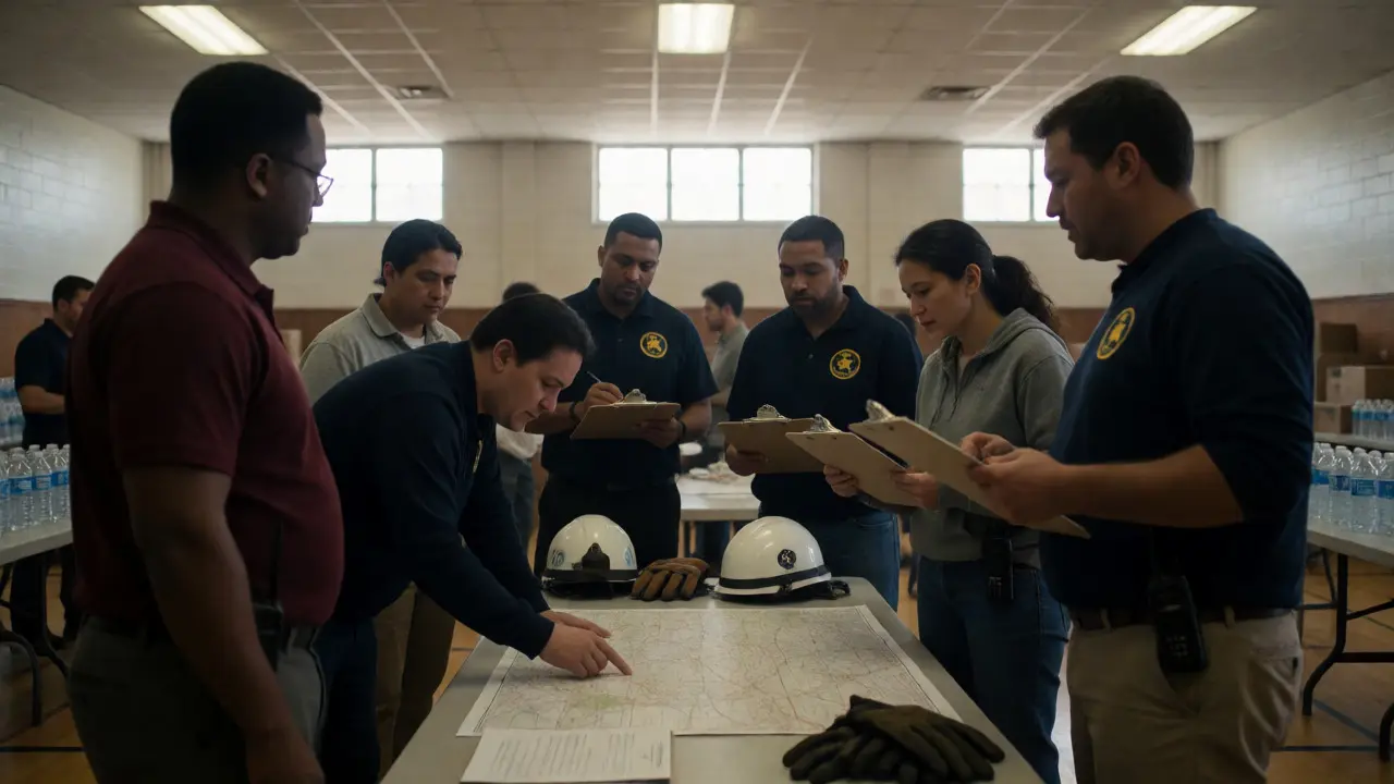 CERT volunteers coordinating disaster response plans indoors