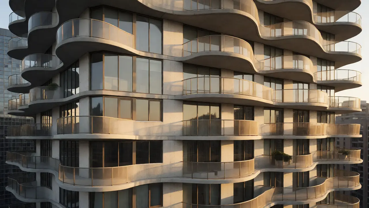 Close-up view of Aqua Tower's staggered concrete balconies providing privacy and unique views for residents.